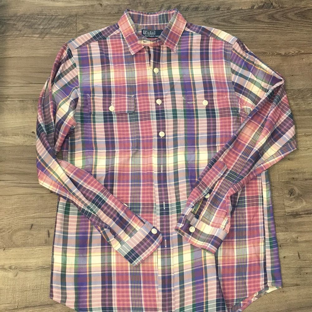 Polo by Ralph Lauren Pink plaid tartan double pocket work style cotton LS shirt